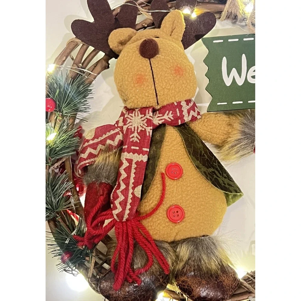 Rustic Grapevine Christmas Wreath Plush Reindeer Welcome LED Lighted Door Decor